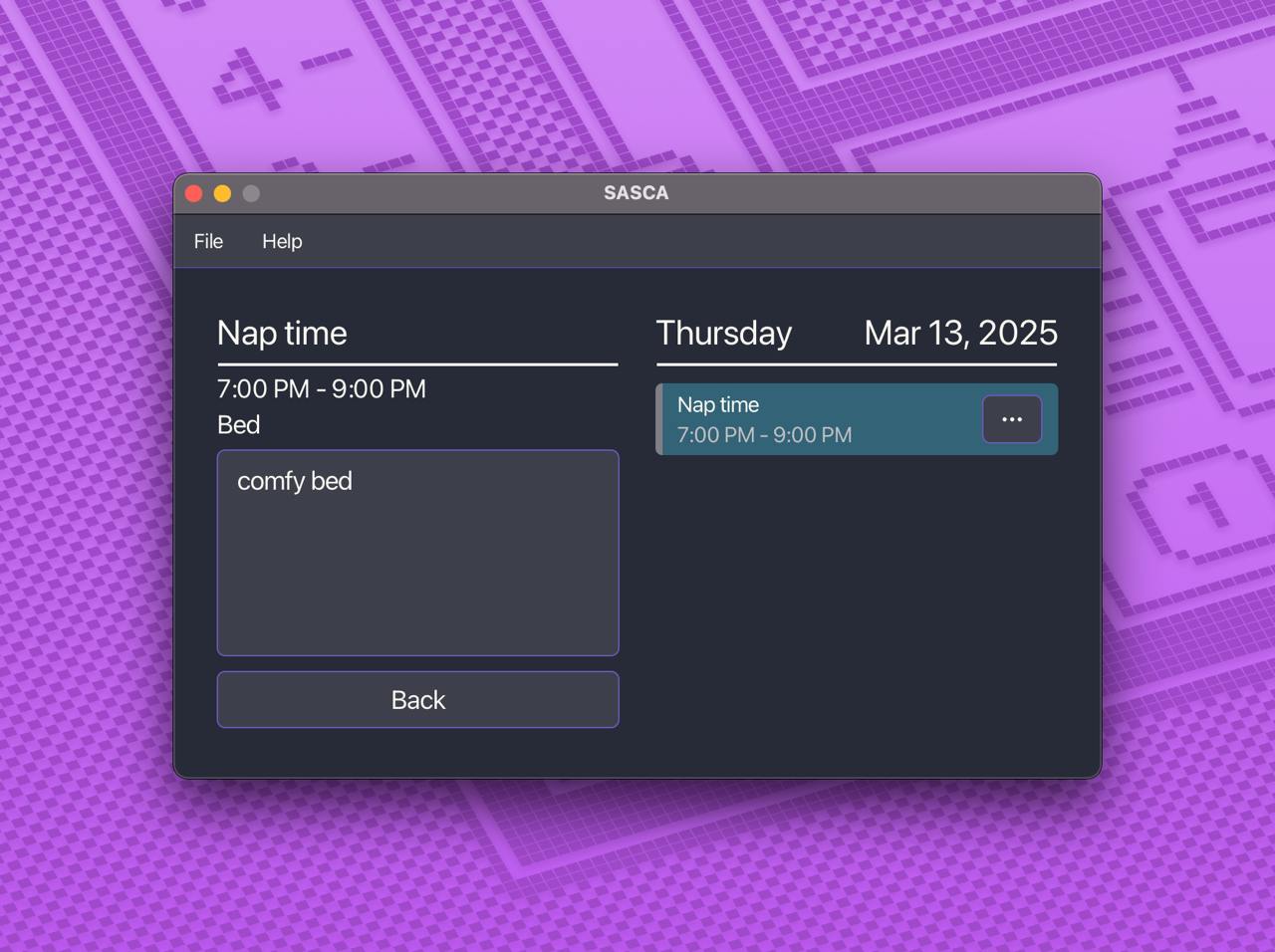Screenshot of SASCA application showing a calendar event